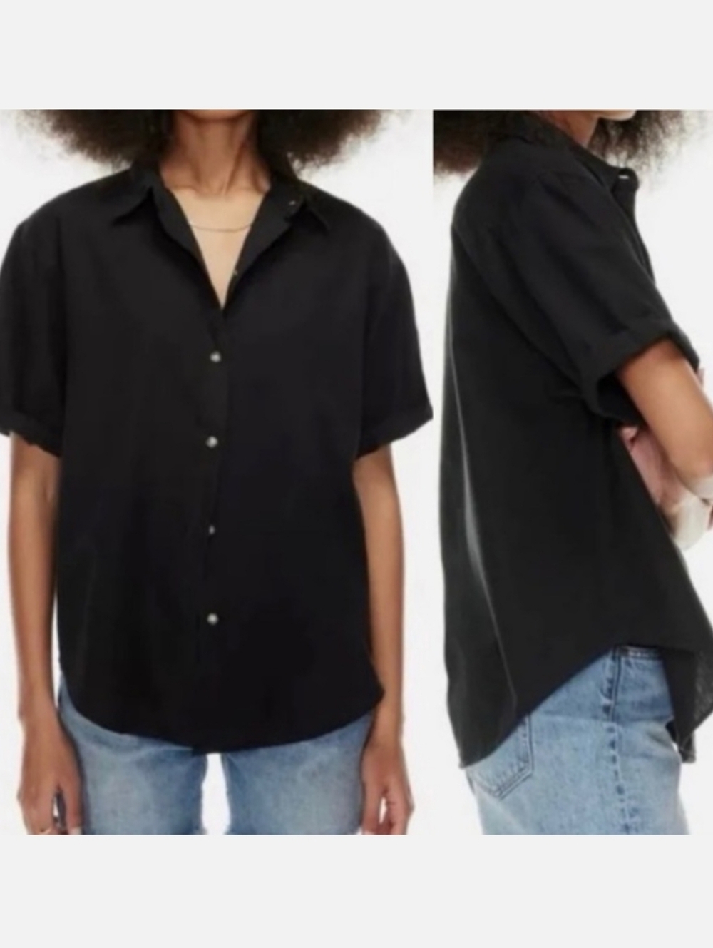 Aritzia Black Short-Sleeve Button-Down Shirt Size Medium